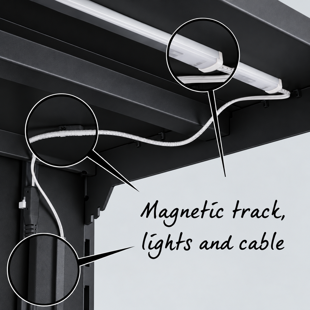 Magnetic lighting track on black shelving