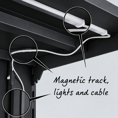 Magnetic lighting track on black shelving