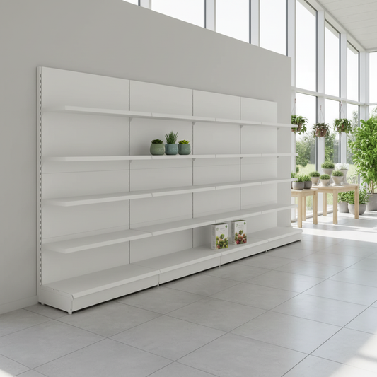 Jura white retail wall shelving unit lifestyle shot in a retail shop