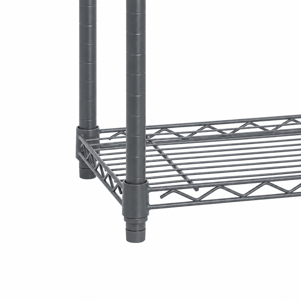 Carbon grey metal wire storage shelf with two vertical support legs and a slatted bottom shelf, shown on a plain white background