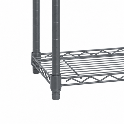 Carbon grey metal wire storage shelf with two vertical support legs and a slatted bottom shelf, shown on a plain white background