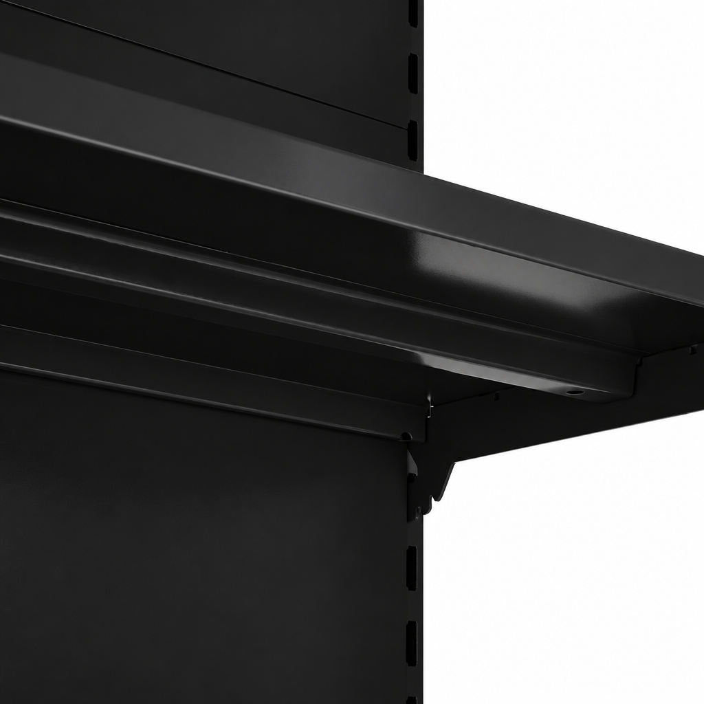 Black RAL 9005 shelf underside and bracket detail.