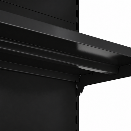 Black RAL 9005 shelf underside and bracket detail.