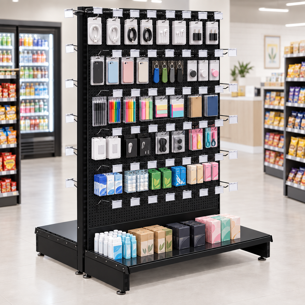 New lifestyle image of the black modular gondola unit in a modern convenience store