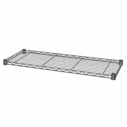 A carbon grey metal wire storage shelf with four feet, shown at an angle on a plain white background