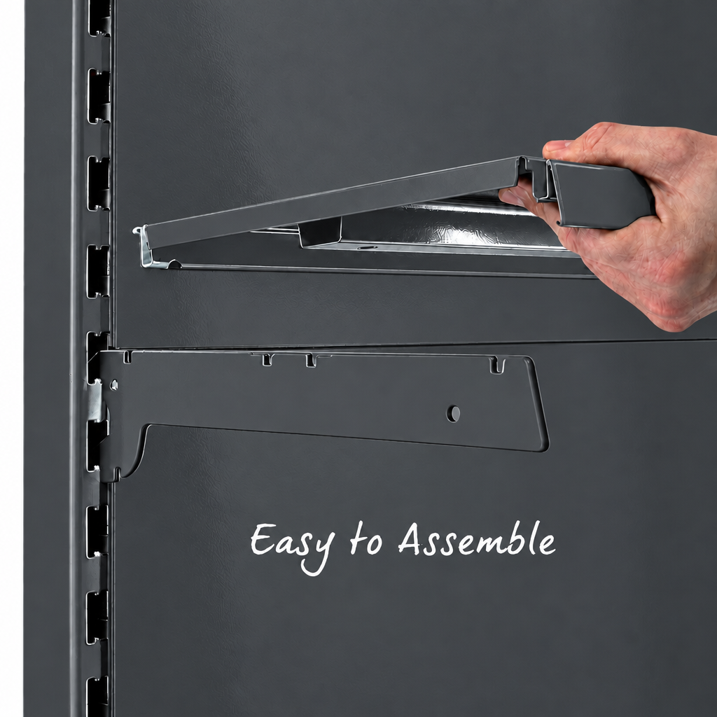 Dark grey shelf bracket and back panel assembly detail