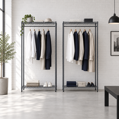 Two carbon grey wire clothes racks in a minimal menswear shop with a white brick wall