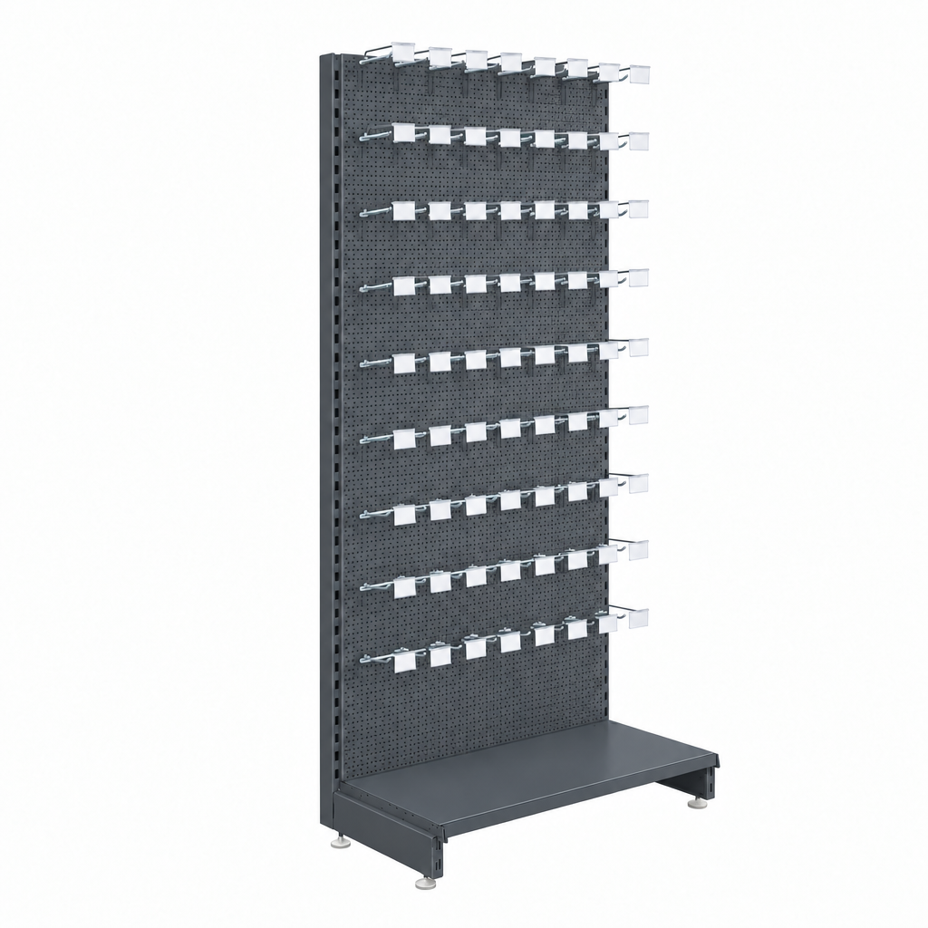 Dark grey perforated panels and base shelf with metallic euro hooks and white ticket holders.