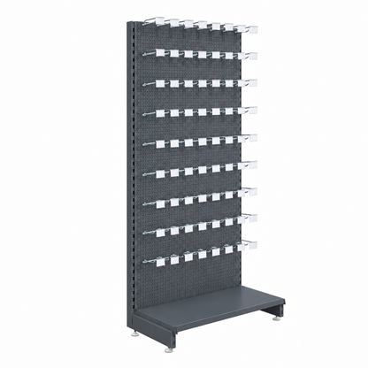 Dark grey perforated panels and base shelf with metallic euro hooks and white ticket holders.