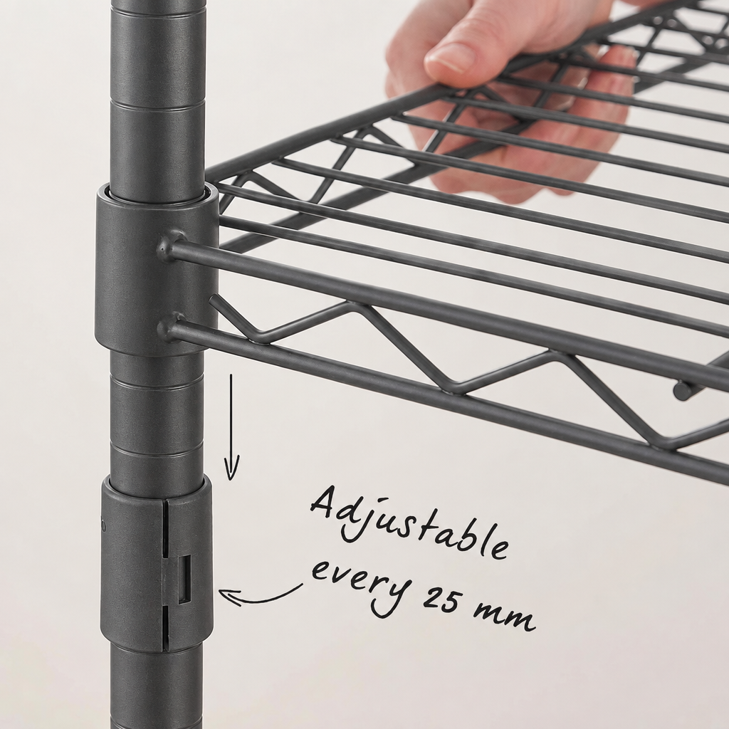 Close-up of a carbon grey adjustable wire shelf collar on an upright, with text reading 'Adjustable every 25 mm'.
