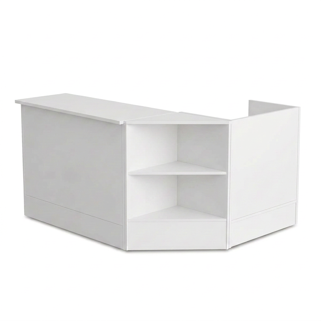 White Silhouette L-shaped counter bundle with standard counter, open-shelf corner and half-width till unit
