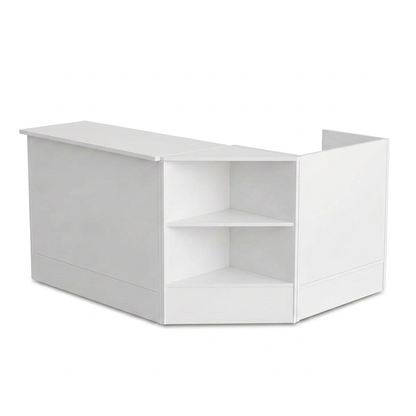 White Silhouette L-shaped counter bundle with standard counter, open-shelf corner and half-width till unit
