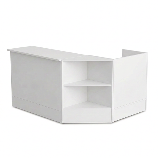 White Silhouette L-shaped counter bundle with standard counter, open-shelf corner and half-width till unit