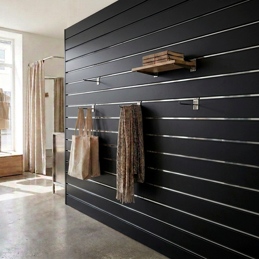 Black retail slatwall display with black PVC inserts and narrow mirror strip highlights