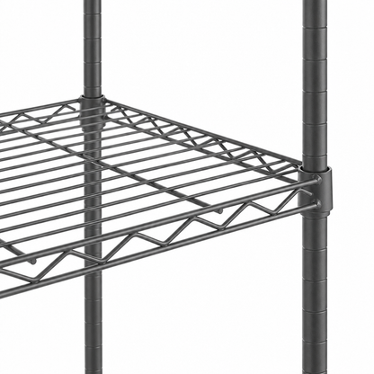 Close-up of a carbon grey wire shelf and support posts on a white background