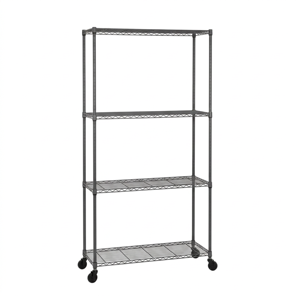 4-tier mobile carbon grey wire shelving unit with castors on a white background
