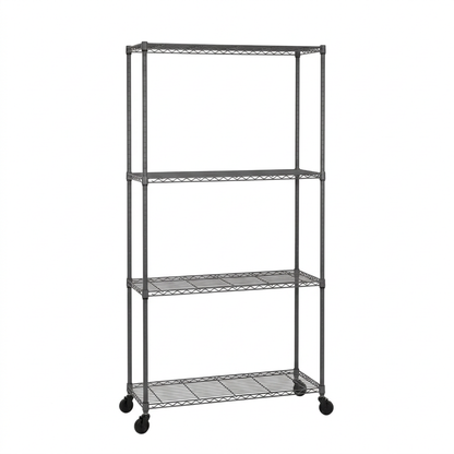 4-tier mobile carbon grey wire shelving unit with castors on a white background
