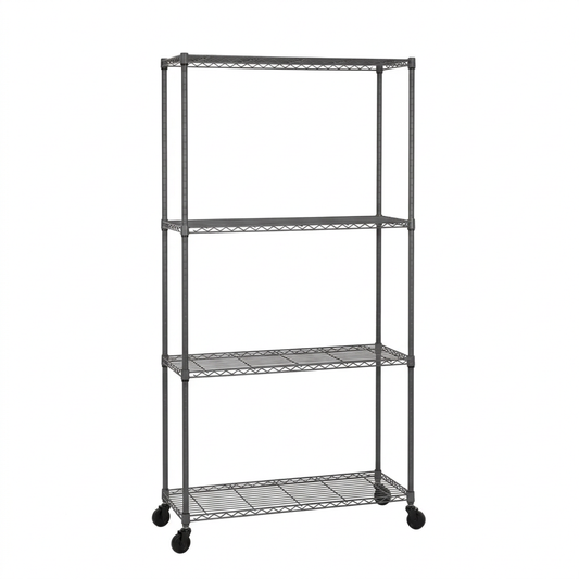 4-tier mobile carbon grey wire shelving unit with castors on a white background