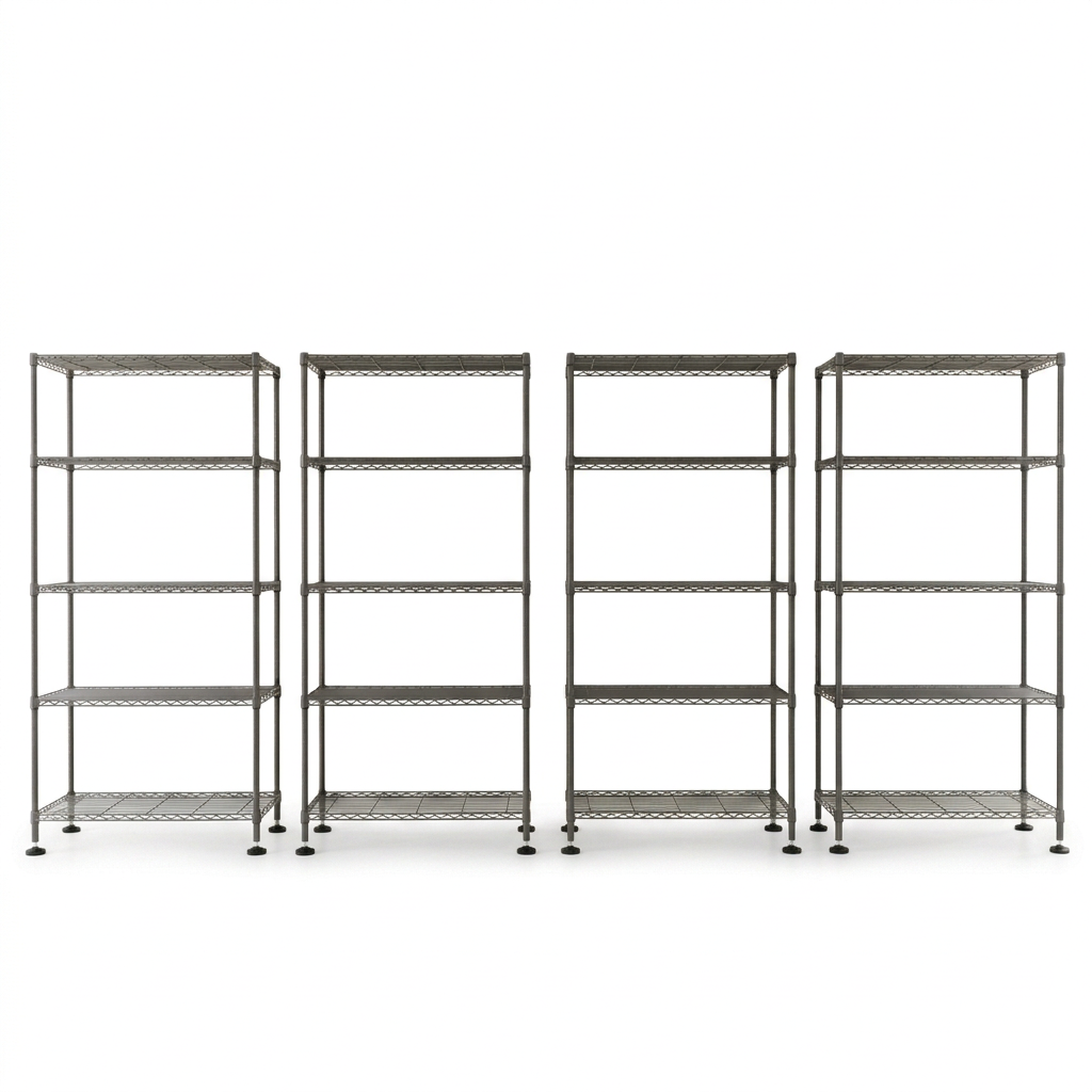 Pack of four static five-tier carbon grey wire shelving units on white
