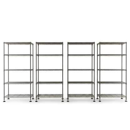 Pack of four static five-tier carbon grey wire shelving units on white