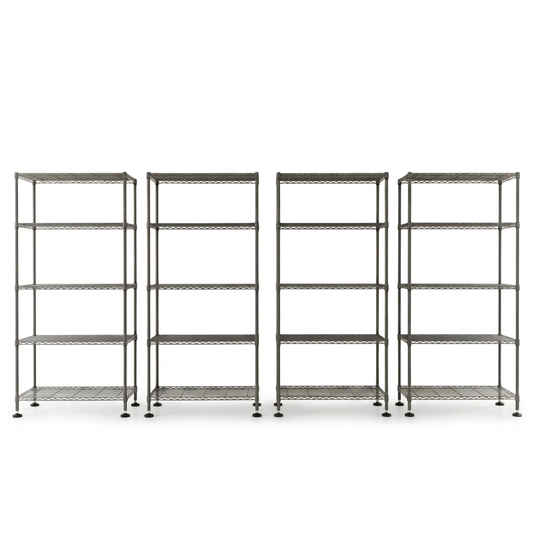 Pack of four static five-tier carbon grey wire shelving units on white