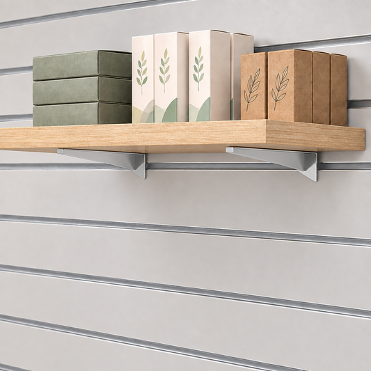 Pair of chrome slatwall brackets supporting a wooden retail shelf