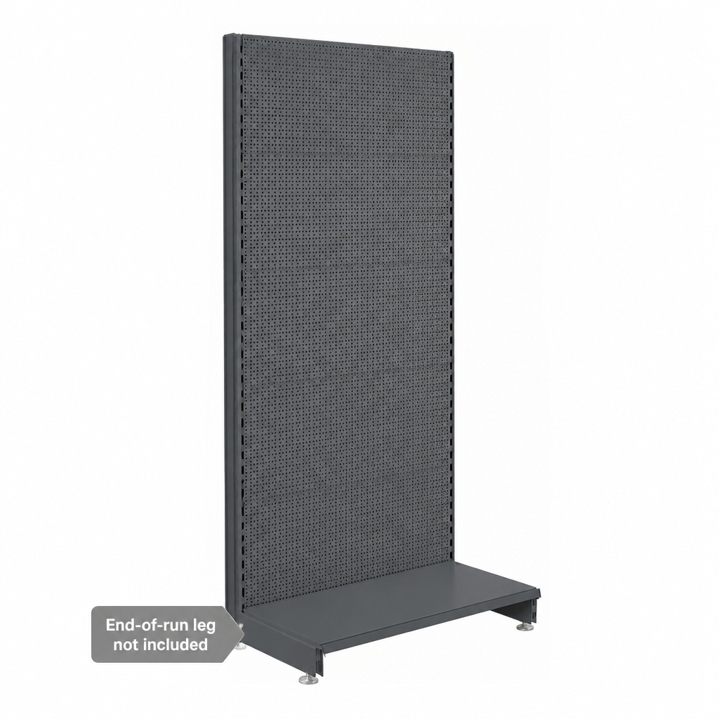 Dark Grey H2100mm modular wall shelving with fully perforated back panels and base shelf