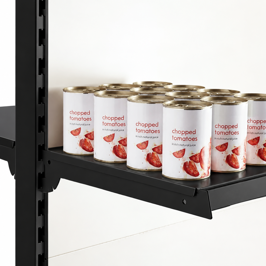 Black RAL 9005 shelf displaying canned tomatoes.