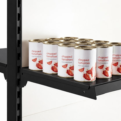 Black RAL 9005 shelf displaying canned tomatoes.