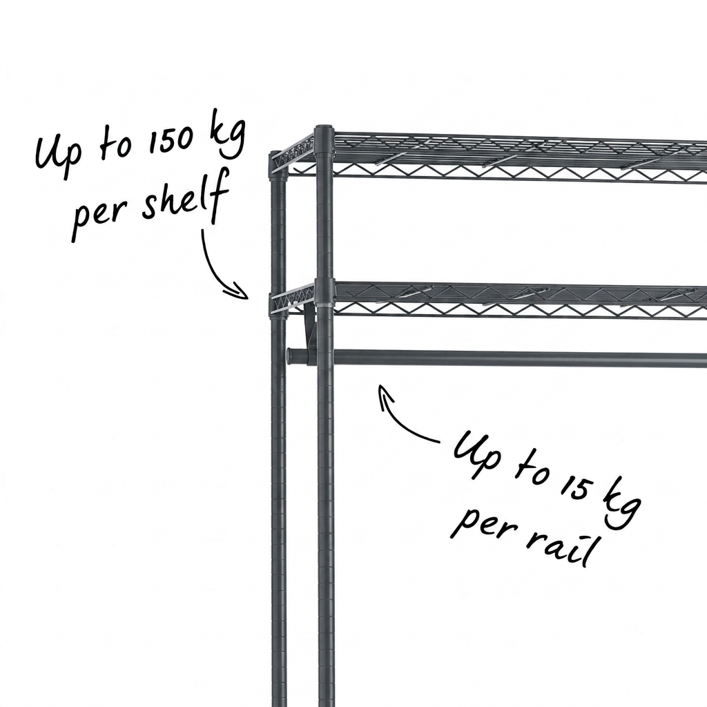 Carbon grey rack shelf and rail load-rating detail