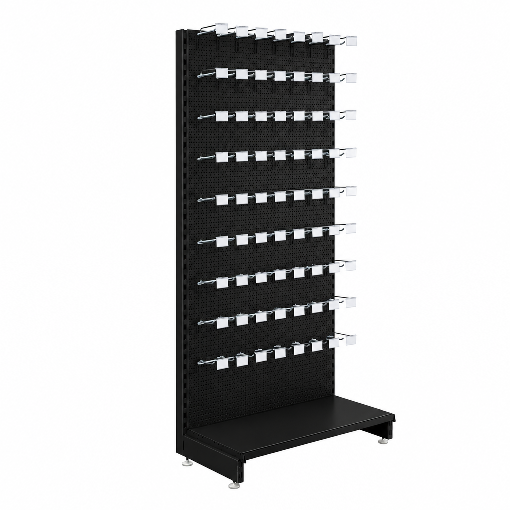 Black perforated back panels and base shelf with metallic euro hooks and ticket holders.