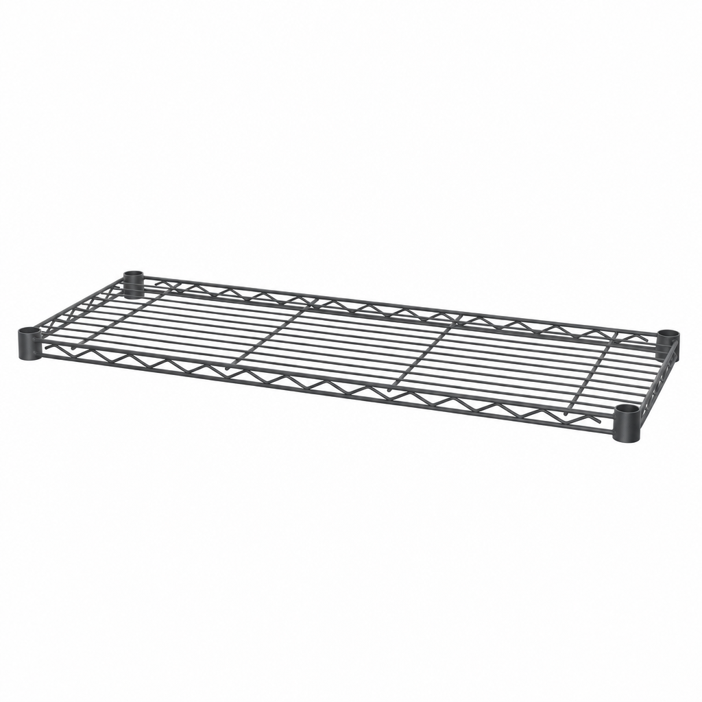 Carbon grey wire shelf with four feet shown at an angle on a white background