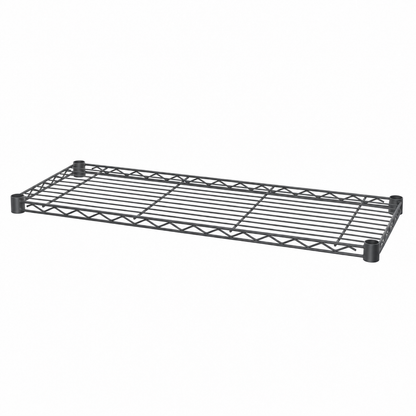 Carbon grey wire shelf with four feet shown at an angle on a white background
