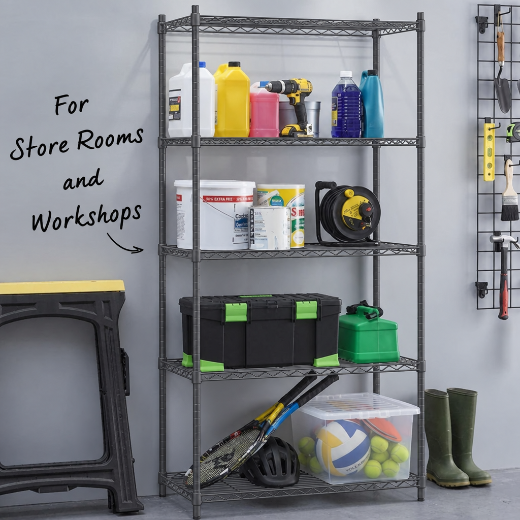 Carbon grey wire shelving units in use
