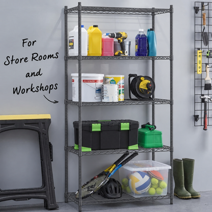Carbon grey wire shelving units in use