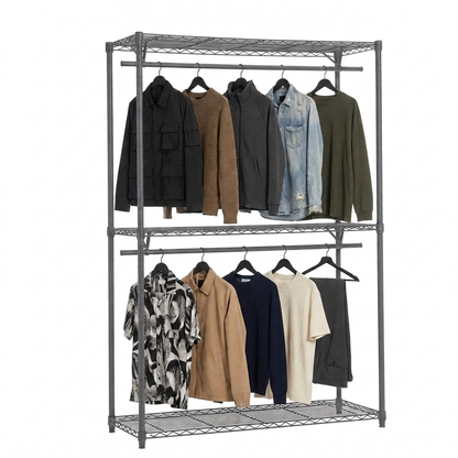 Carbon grey two-rail rack with clothing