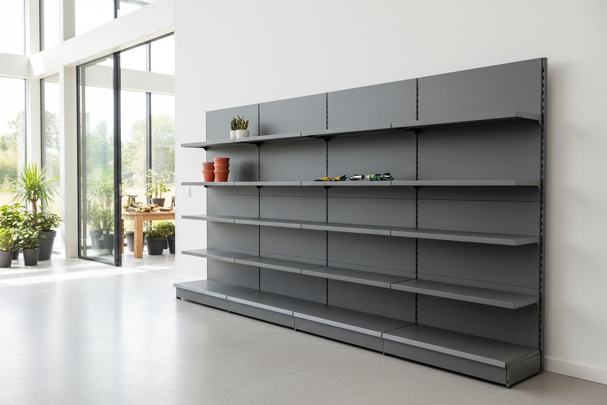 Dark Grey Retail Wall Shelving lifestyle shot in a retail shop