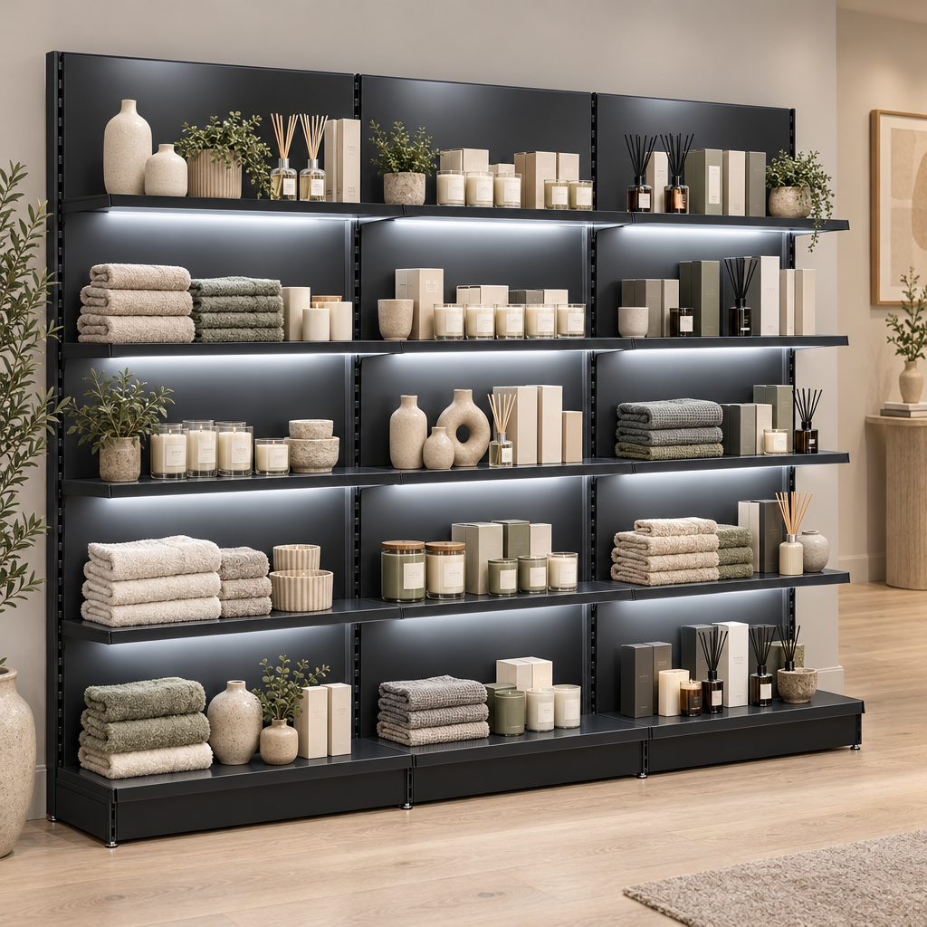 Black LED-lit shelving in a contemporary homeware boutique