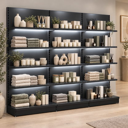 Black LED-lit shelving in a contemporary homeware boutique