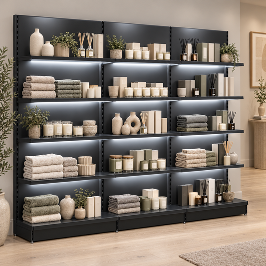 Black LED-lit shelving in a contemporary homeware boutique