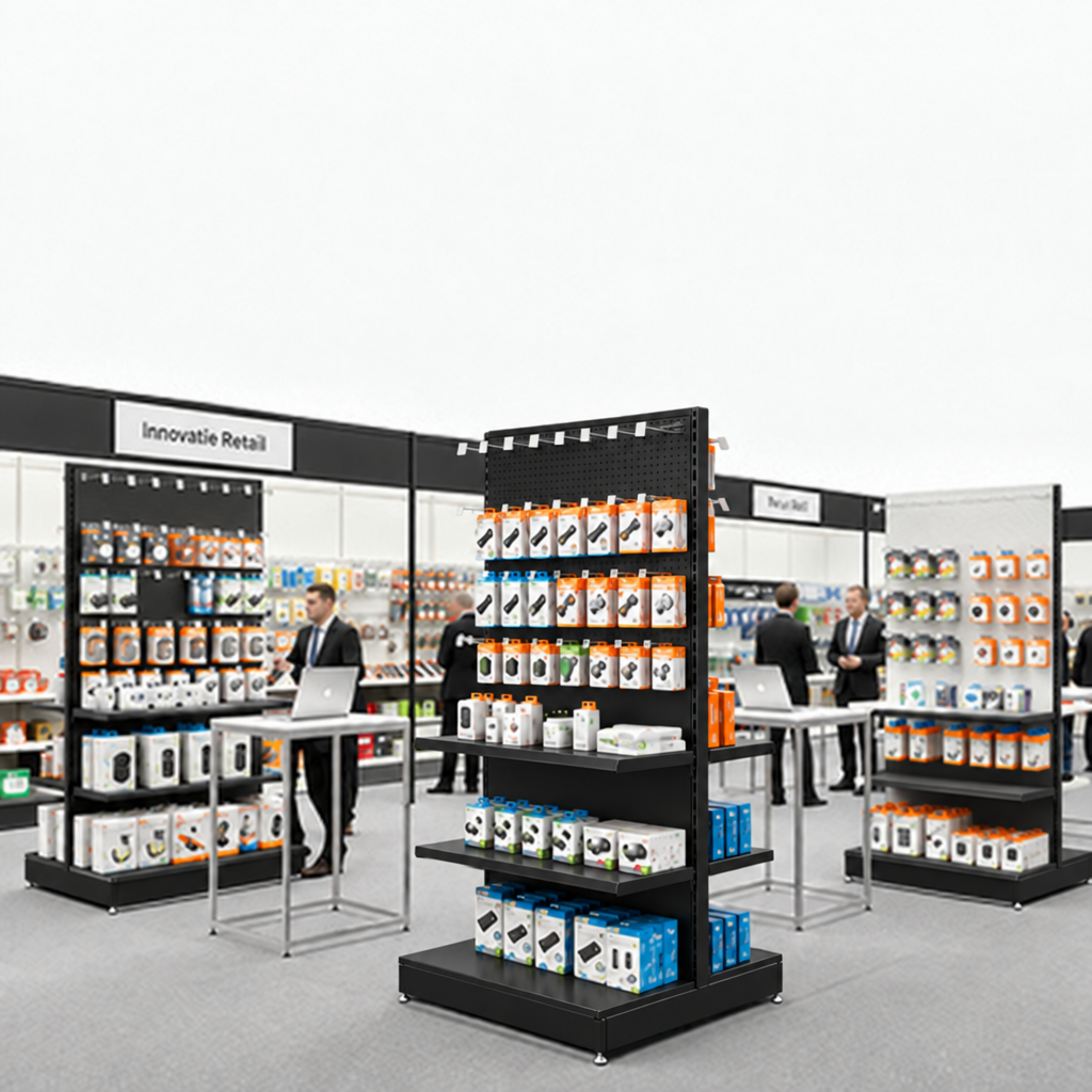 Black trade gondola with upper pegboard and smooth lower back panels at exhibition