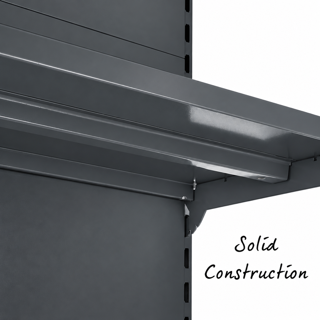 Dark grey shelving construction detail