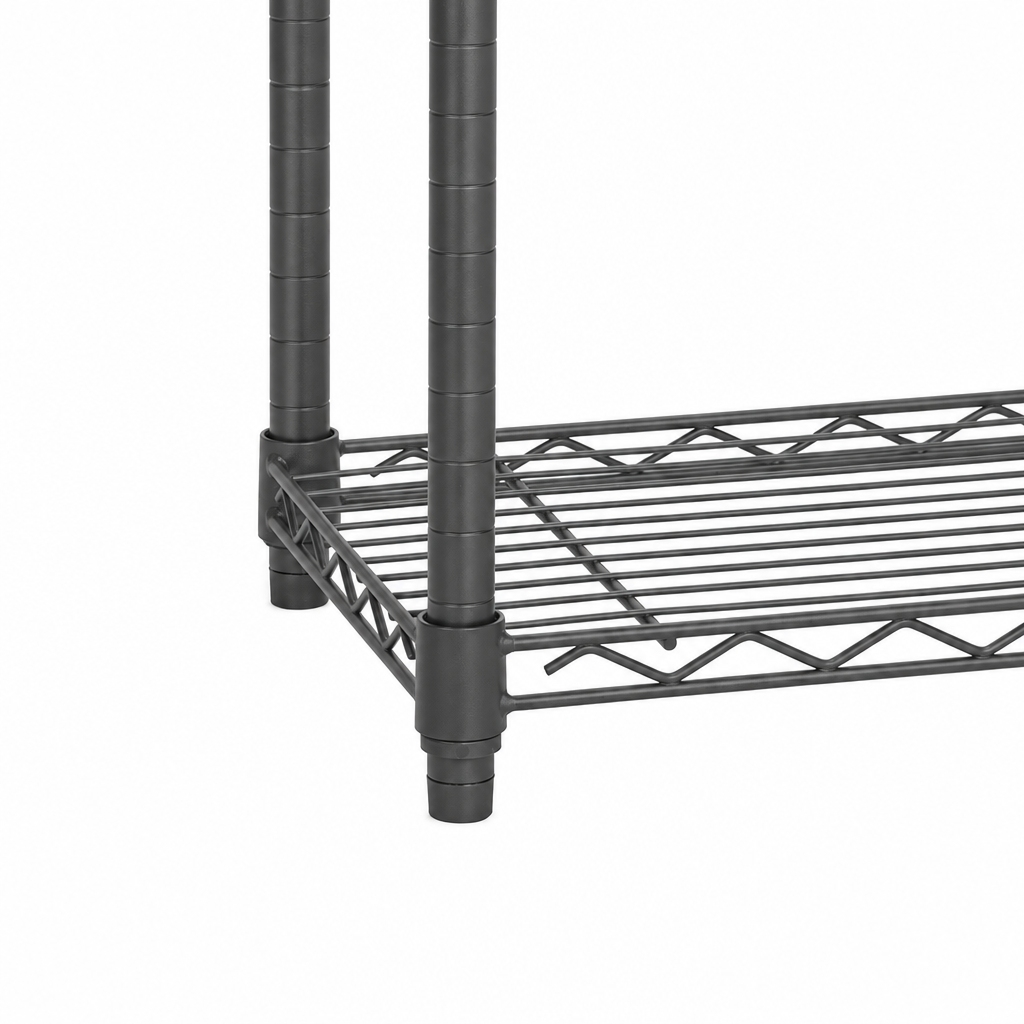 Carbon grey wire storage shelf with two vertical support legs and a slatted bottom shelf on a white background.