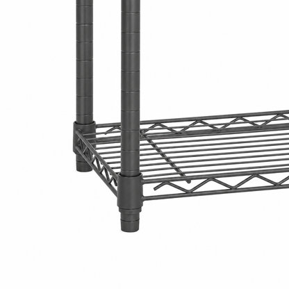 Carbon grey wire storage shelf with two vertical support legs and a slatted bottom shelf on a white background.