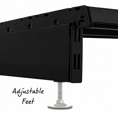 Black base leg and shelf underside with metallic adjustable foot.