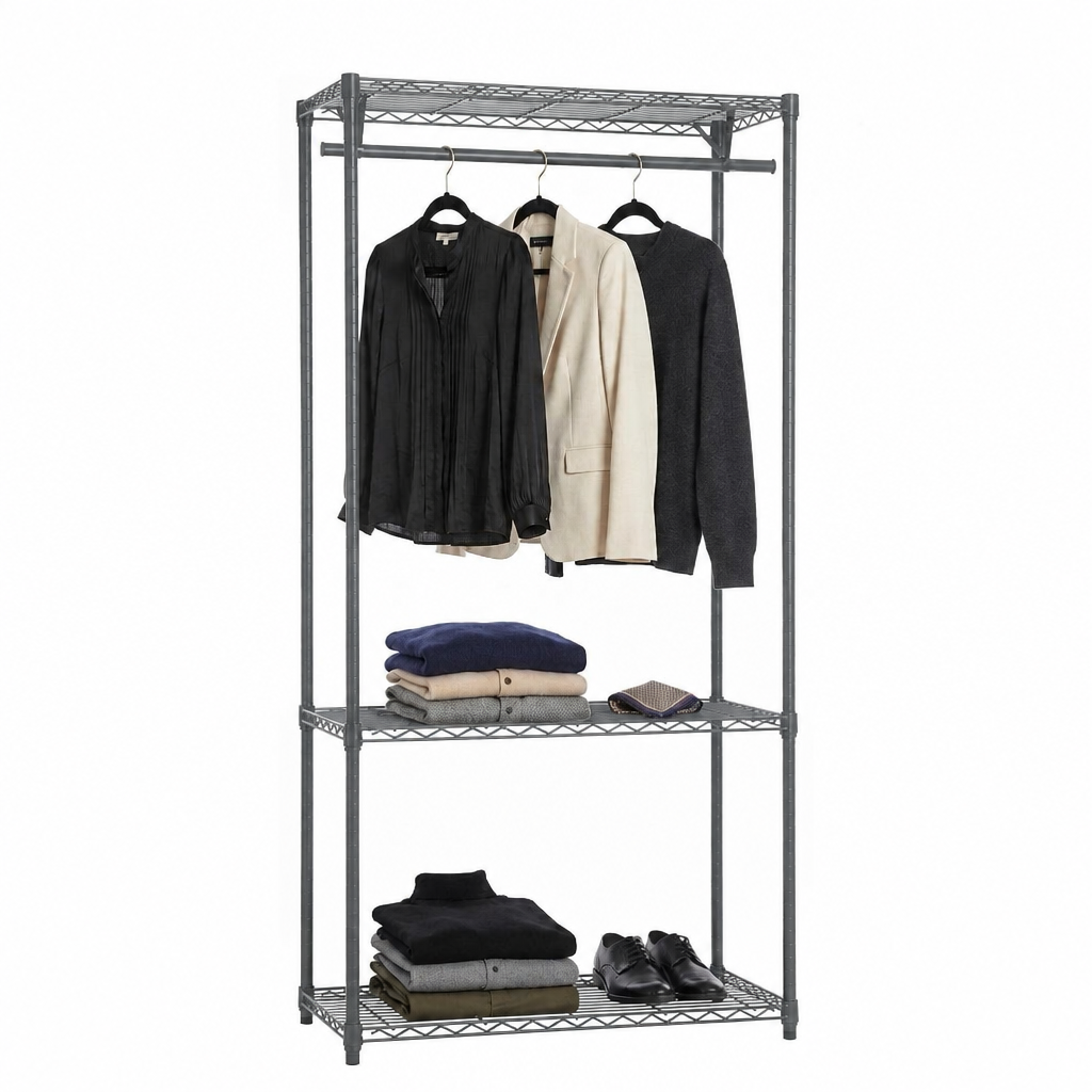 Carbon Grey Wire Clothes Rack with 3 shelves for retail