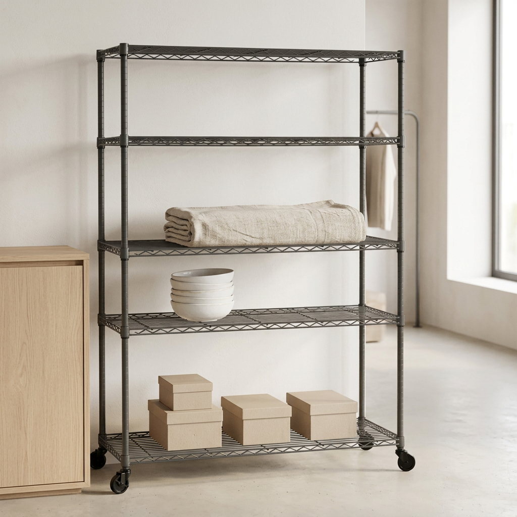 Wider five-tier mobile carbon grey wire shelving in a minimal modern retail setting