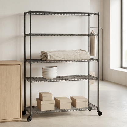 Wider five-tier mobile carbon grey wire shelving in a minimal modern retail setting
