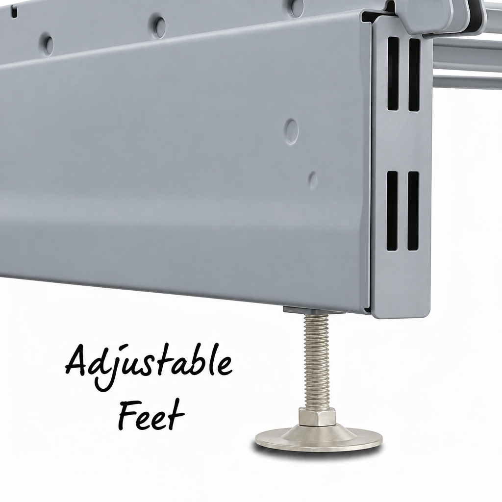Close-up of silver gondola base leg and adjustable metallic foot