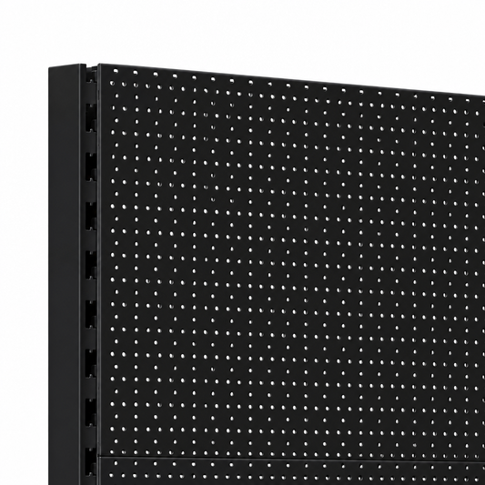 Black perforated wall shelving detail